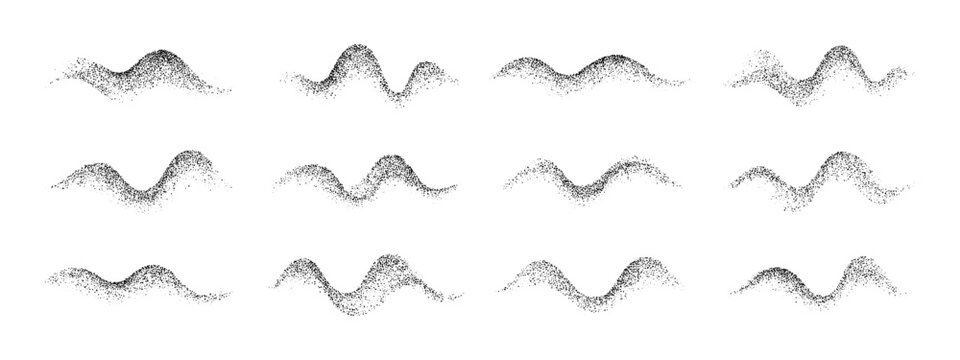 Collection of isolated dot grain stipple noise vector waves with black particles forming abstract liquid shapes on white for design element.