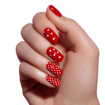 Red manicure with heart and polka dot nail art isolated on transparent background
