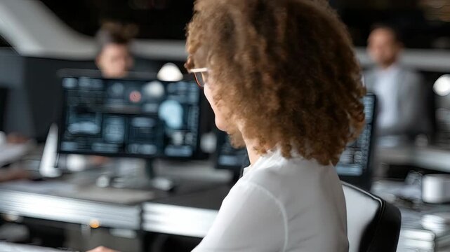 A curly-haired customer service rep smiles while helping clients in a modern, friendly office