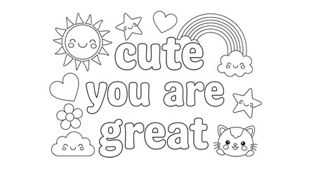 Adorable Affirmation: Line Art for Coloring with Sun, Star, Rainbow and Cat Icons for Creative