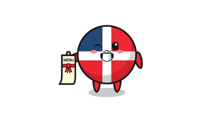 Adorable flag character waiter presents the menu with a cheerful wink and friendly smile