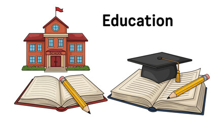 Cartoon illustration representing educational stages with school building, books and cap