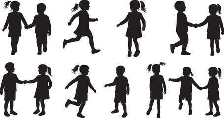 Silhouettes of children walking, running, and interacting in playful poses, ideal for education, childhood, friendship, and social behavior themed vector designs
