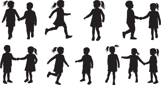 Silhouettes of children walking, running, and interacting in playful poses, ideal for education, childhood, friendship, and social behavior themed vector designs
