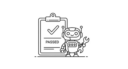 Conceptual robot holding a wrench with a clipboard indicating a passed status for technology and