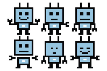 Set or collection cartoon pixel art of humanoid robot or ai learning skill robotic automation chat bot robots business vector character technology background 8 bit pixel art.
