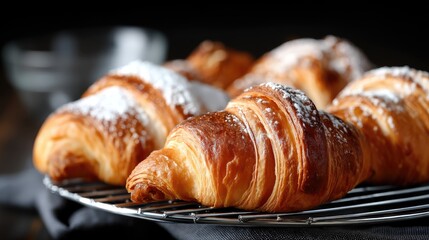 Freshly baked golden croissants cooling on a wire rack with a dusting of powdered sugar in a cozy kitchen setting