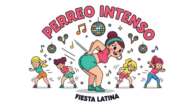 Dynamic cartoon illustration of women dancing intensely at a lively Latin party celebration