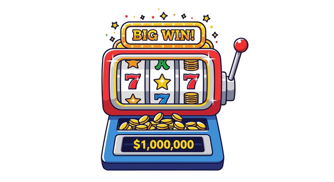 Illustrative slot machine with vibrant colors and celebratory big win jackpot