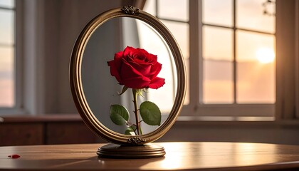 Rose in antique frame by window