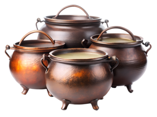 Group of cauldrons isolated on transparent background, a cooking vessel often associated with magic and witchcraft