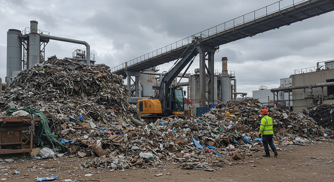 A large group of industrial waste material at a recycling facility, ready for processing.Concept of industrial waste recycling and resource management.