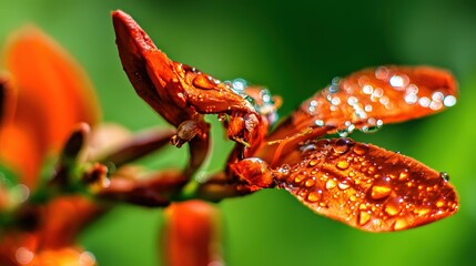moisture. Close-up of a bright orange flower petal adorned with a glistening water droplet, showcasing nature's delicate beauty. gardening catalogs.
