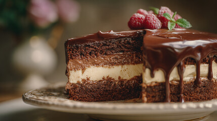 A slice of chocolate cake with raspberries and mint on a decorative plate in soft focus lighting
