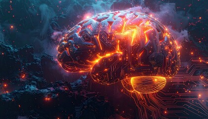 A futuristic brain with glowing circuits, surrounded by cosmic elements, representing the fusion of technology and human cognition.