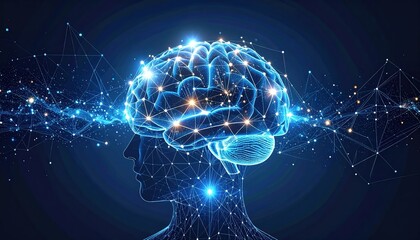 A digital illustration depicting a human head with a glowing brain, connected by lines and dots, symbolizing neural connections and advanced technology.