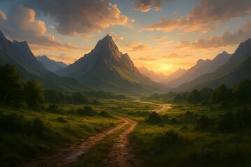 Scenic mountain valley at golden sunset