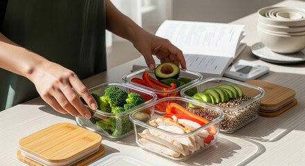 Person preparing healthy meal prep containers with fresh vegetables, avocado, chicken, and quinoa, promoting active lifestyle and wellness through disciplined eating habits