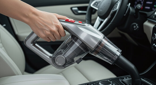 A persons hand using a handheld vacuum cleaner, a modern device for cleaning a car interior.Concept of home technology and cleaning.