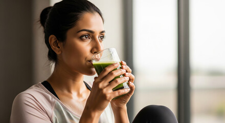 Woman enjoying green smoothie in bright indoor setting, reflecting active lifestyle and wellness discipline. scene emphasizes health, mindfulness, and self care