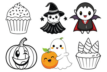 A colorful cartoon set of Halloween icons illustration with candy and cupcake design for holiday decoration