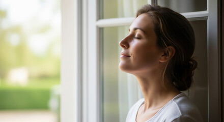 Woman enjoying moment of mindfulness and relaxation by window, with natural light illuminating her face. serene outdoor greenery adds to peaceful and active lifestyle ambiance