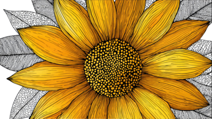 Abstract sunflower with golden petals showing detailed floral pattern and vibrant artistic texture illustration on white background