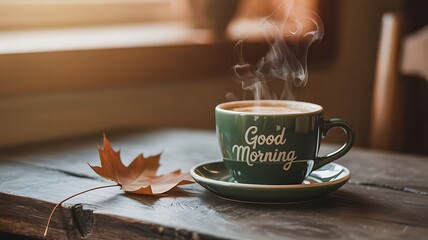Cozy Autumn Morning Coffee Aromatic Steam and Golden Leaf Enhance a Warm Rustic Still Life Scene Featuring a Green Good Morning Mug on a Wooden Table