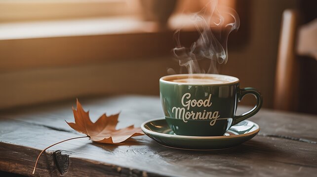 Cozy Autumn Morning Coffee Aromatic Steam and Golden Leaf Enhance a Warm Rustic Still Life Scene Featuring a Green Good Morning Mug on a Wooden Table