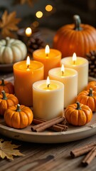 Pumpkin spice candle arrangement on wooden table with small pumpkins, lit candles, and cinnamon sticks. Concept of cozy autumn atmosphere perfect for Halloween.