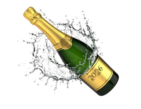 3D glossy champagne bottle popping with sparkling bubbles, &ldquo;2026&rdquo; golden label 