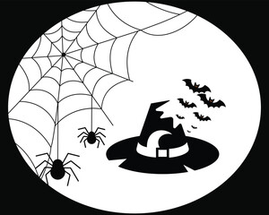 "Halloween vector illustration with spider web, bats, and witch hat"