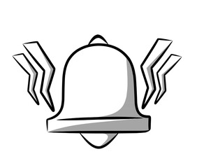 Minimal line art illustration of ringing bell icon in simple black outline with vibration marks symbolizing alarm alert and notification warning on empty white background