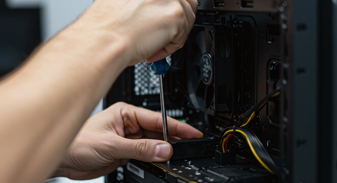 Hands using a screwdriver to work on internal computer components during assembly or repair.Concept of computer hardware installation and repair.