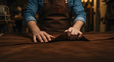 Artisan Working with Leather: Close-up of Craftsman's Hands on Brown Hide for Quality and Craftsmanship
