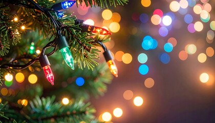 Close-up of Christmas tree with colorful string lights and blurred festive bokeh background.