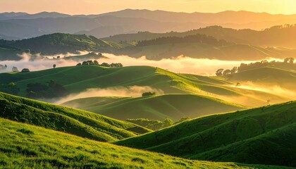 Green Hills Landscape Scenery With Rolling Hills Mist and Sunrise