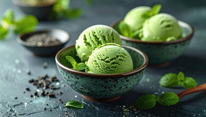 Green Ice Cream Scoops in Ceramic Bowls Garnished with Fresh Mint Leaves on Dark Textured Surface Still Life