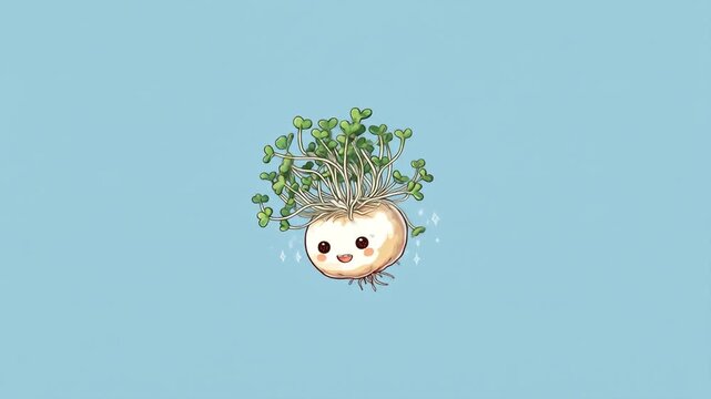 Cartoon depiction of a smiling root vegetable with sprouting green leaves