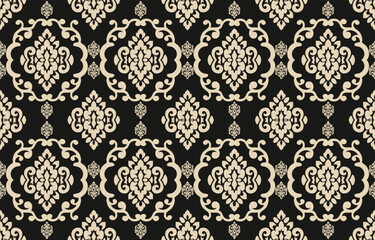 Seamless Damask pattern with Ikat floral design. Vector oriental embroidery inspired by Aztec and Baroque styles. Perfect for fabric, clothing, fashion, decoration, and tile textures.
