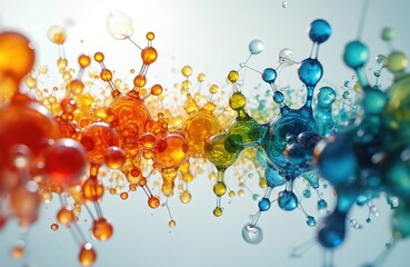 Abstract artistic molecular models float in liquid. Colorful structures represent atom science medicine and research. Generative AI creates complex arrangements of spheres.