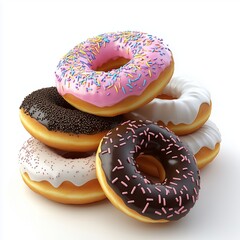 Donut pile with cream topping and chocolate sprinkles, isolated white