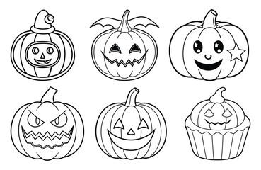 A cartoon vector illustration set of scary Halloween pumpkin faces, ripe orange fruit symbols for October holiday celebration on a white backround 