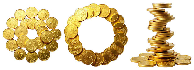 Obraz premium Golden Coin Arrangement – Financial Symbols and Banking Concepts for Investment Presentations