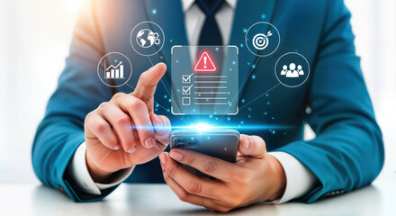 Business risk management concept with mobile app for compliance and data security strategy plan