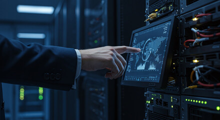 An IT administrator uses a touchscreen dashboard to monitor the performance of servers in a data center. Concept of data center management and network monitoring.