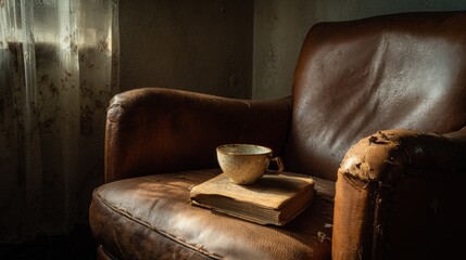 A worn leather armchair with an old book and a coffee cup, bathed in the soft glow of afternoon light, evokes nostalgia and tranquility.
