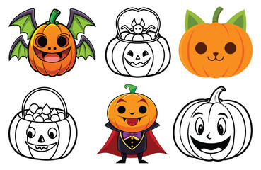 A cartoon vector illustration set of scary Halloween pumpkin faces, ripe orange fruit symbols for October holiday celebration on a white backround 