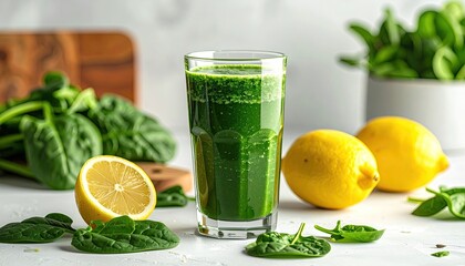 Green Smoothie with Spinach and Lemon on White Surface Table