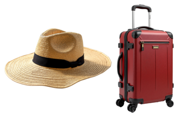 Travel Accessories – Straw Sunhat and Red Hardshell Suitcase for Tourism Blogs and Vacation Packing Guides
